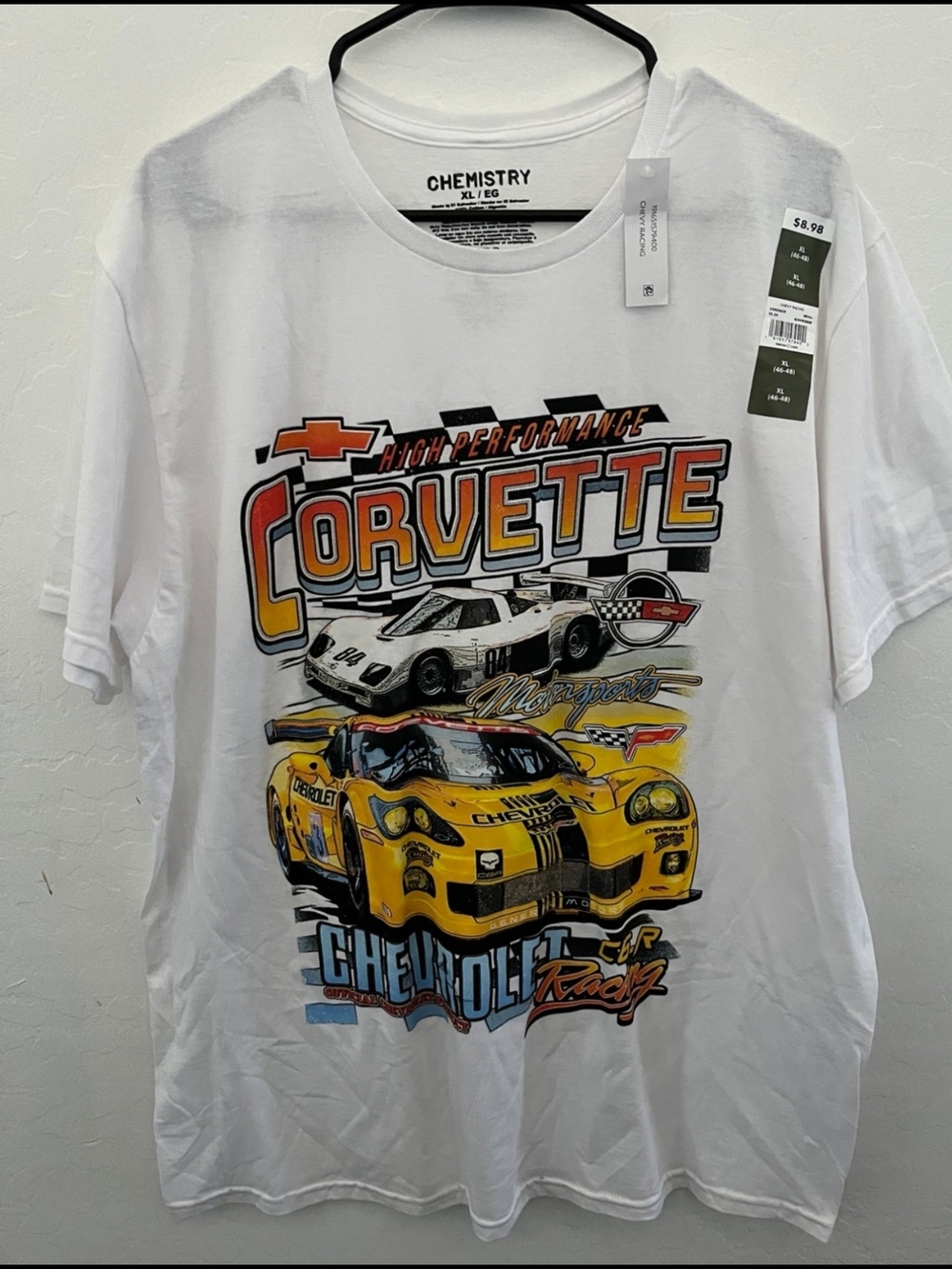 Chemistry White Tee with Yellow Corvette Graphic and Orange Accents